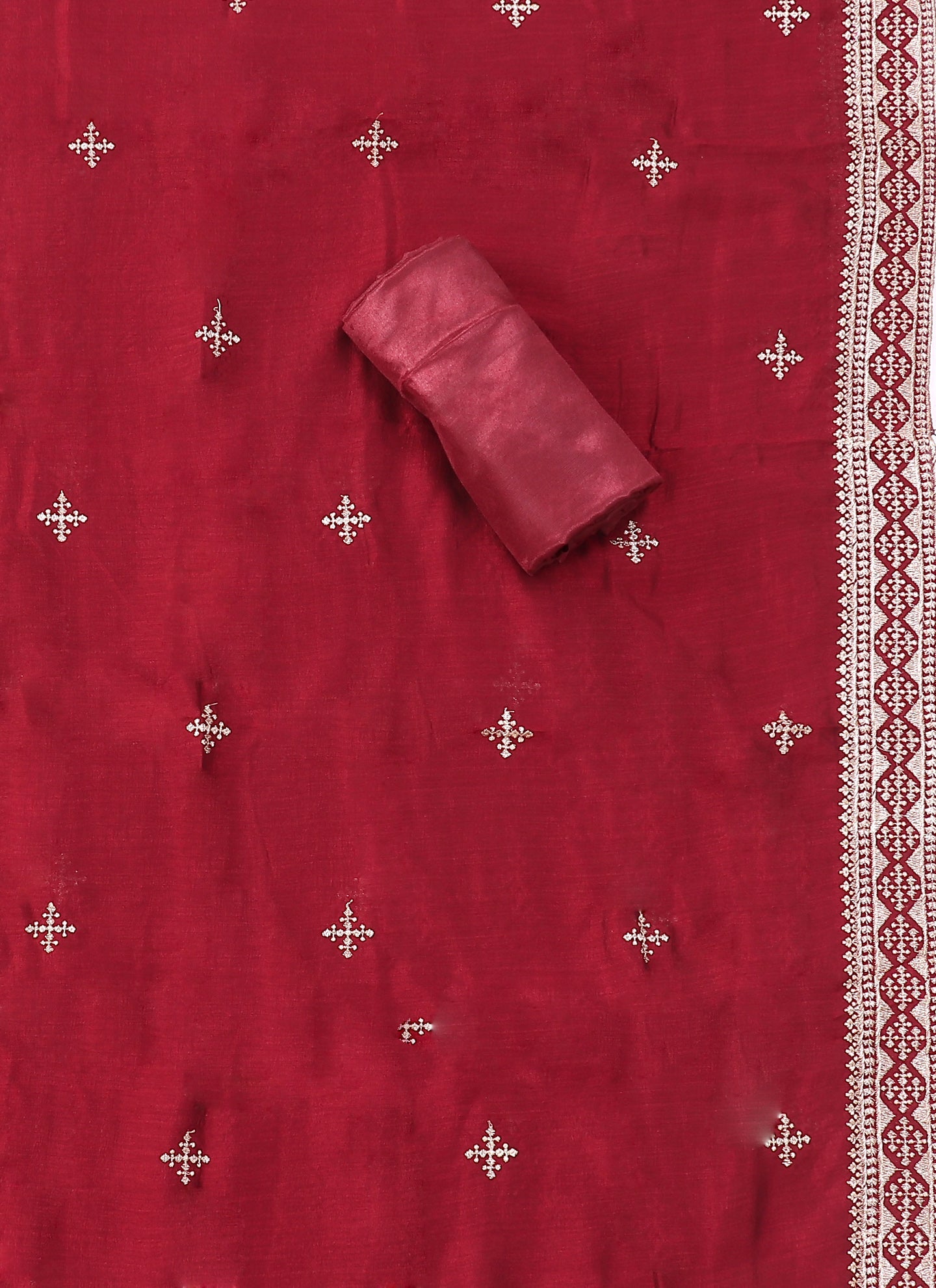 Raw Silk Embellished Red & Grey Unstitched Dress Material With Dupatta