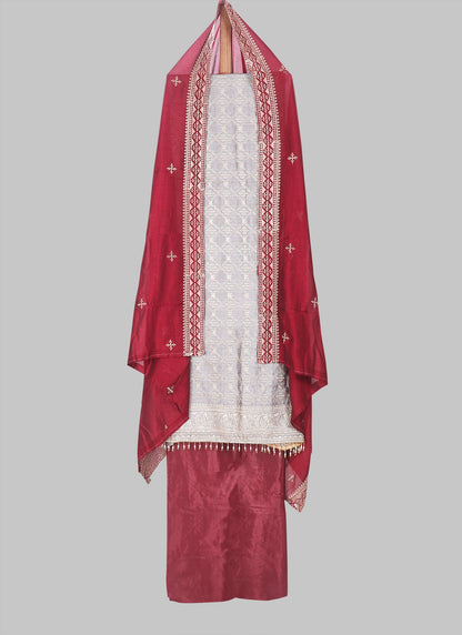 Raw Silk Embellished Red & Grey Unstitched Dress Material With Dupatta