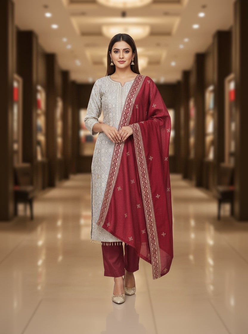 Raw Silk Embellished Red & Grey Unstitched Dress Material With Dupatta