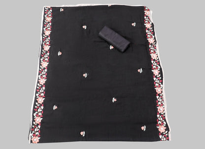 Silk Embroidered Black Unstitched Dress Material With Dupatta