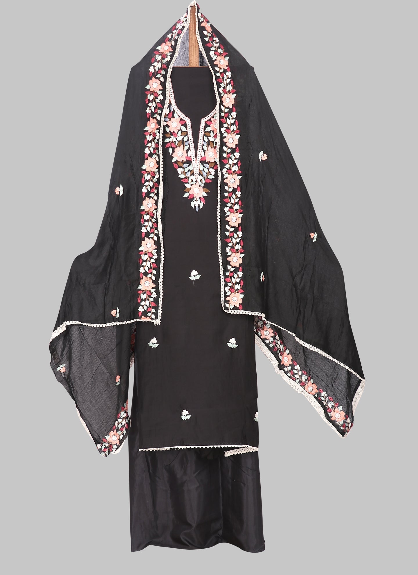 Silk Embroidered Black Unstitched Dress Material With Dupatta