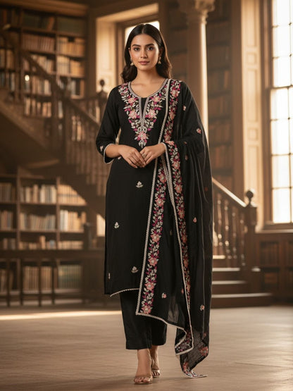 Silk Embroidered Black Unstitched Dress Material With Dupatta
