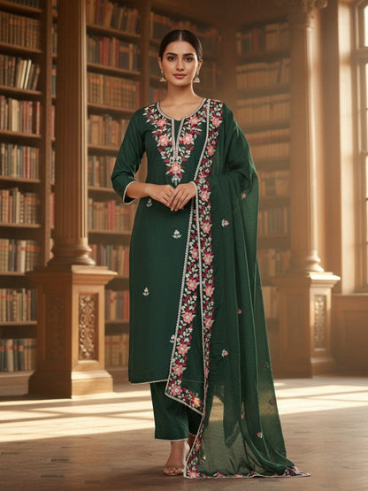 Silk Embroidered Green Unstitched Dress Material With Dupatta