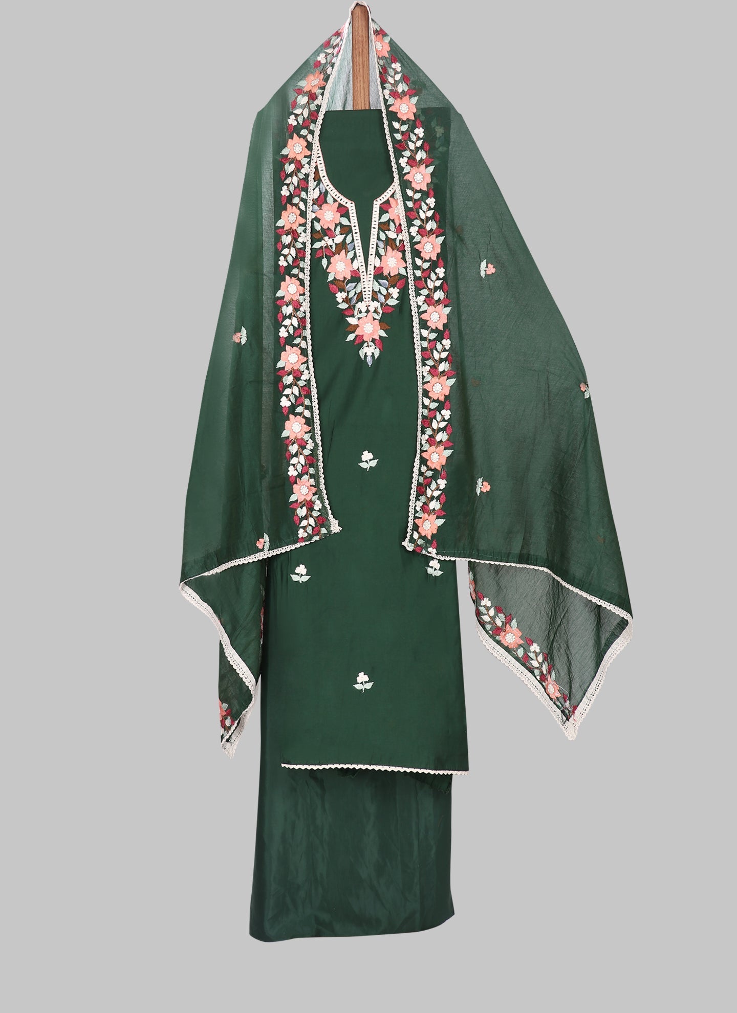 Green Embroidered Floral Silk Unstitched Dress Material