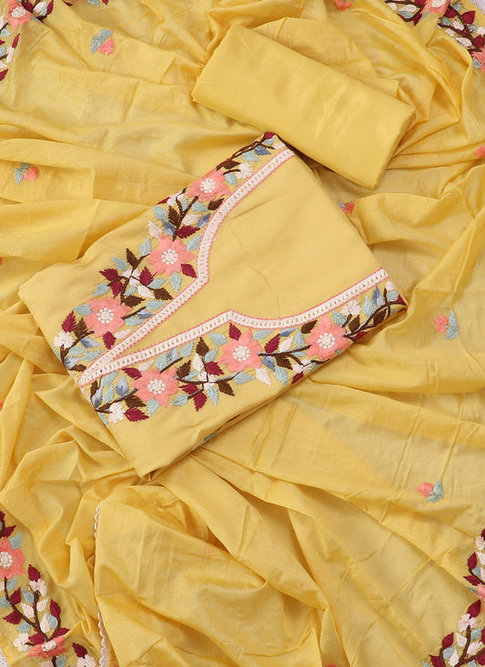 Yellow Embroidered Floral Silk Unstitched Dress Material