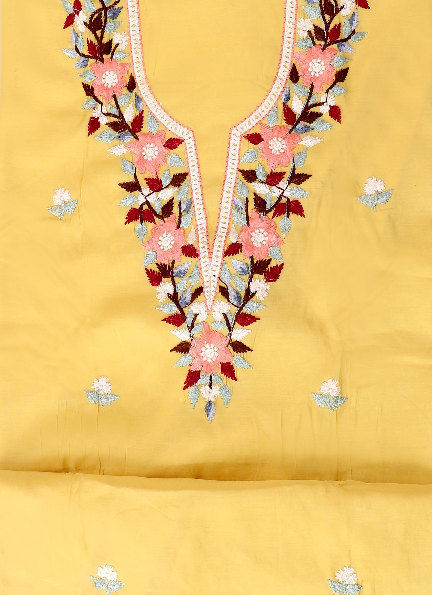 Yellow Embroidered Floral Silk Unstitched Dress Material