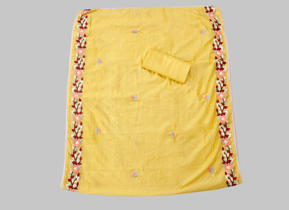 Yellow Embroidered Floral Silk Unstitched Dress Material