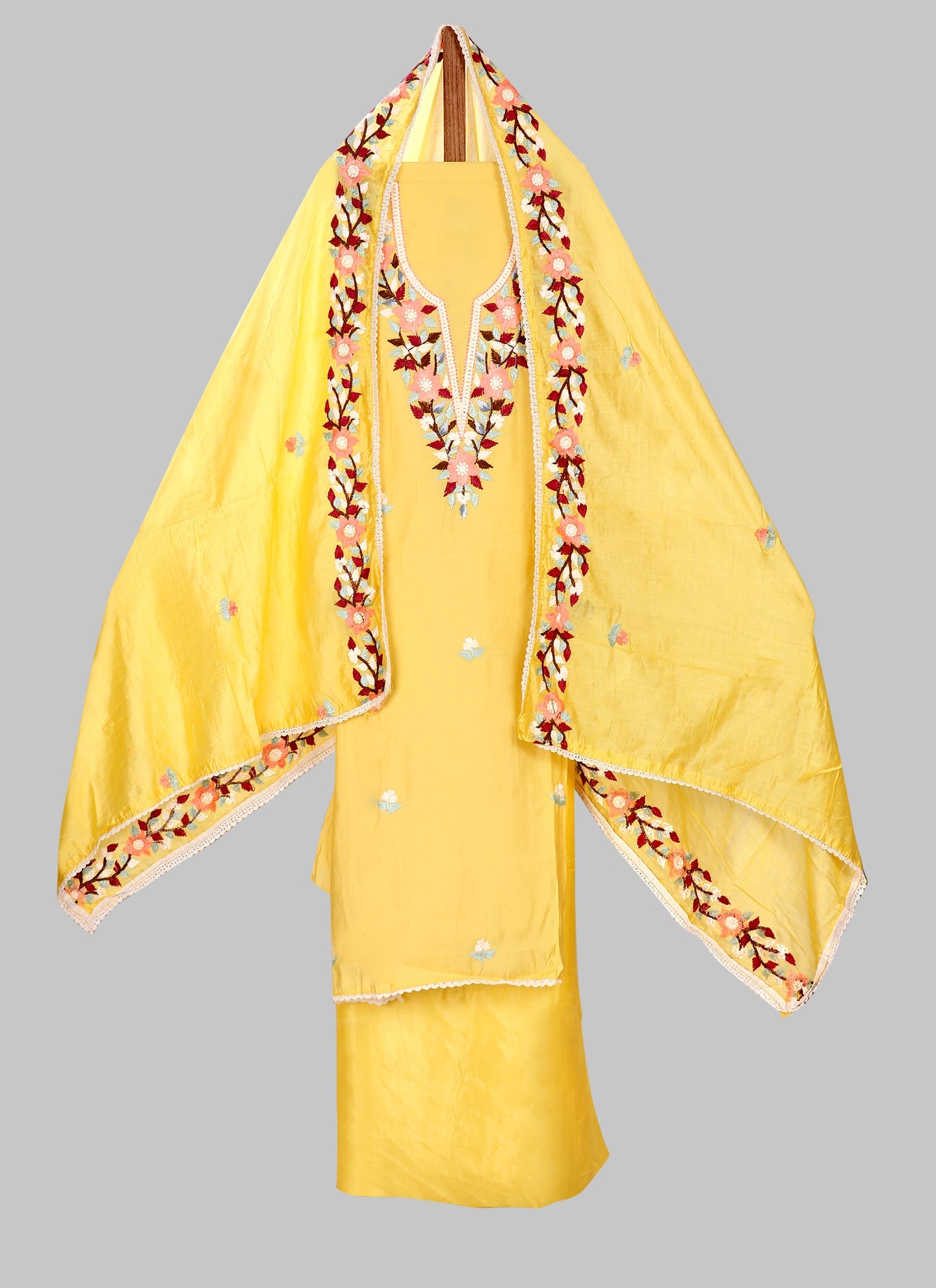 Yellow Embroidered Floral Silk Unstitched Dress Material