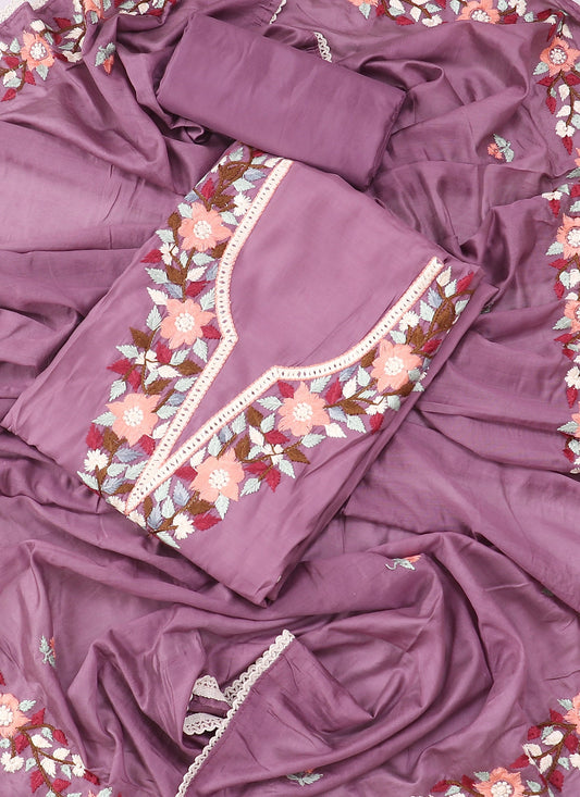 Silk Embroidered Purple Unstitched Dress Material With Dupatta