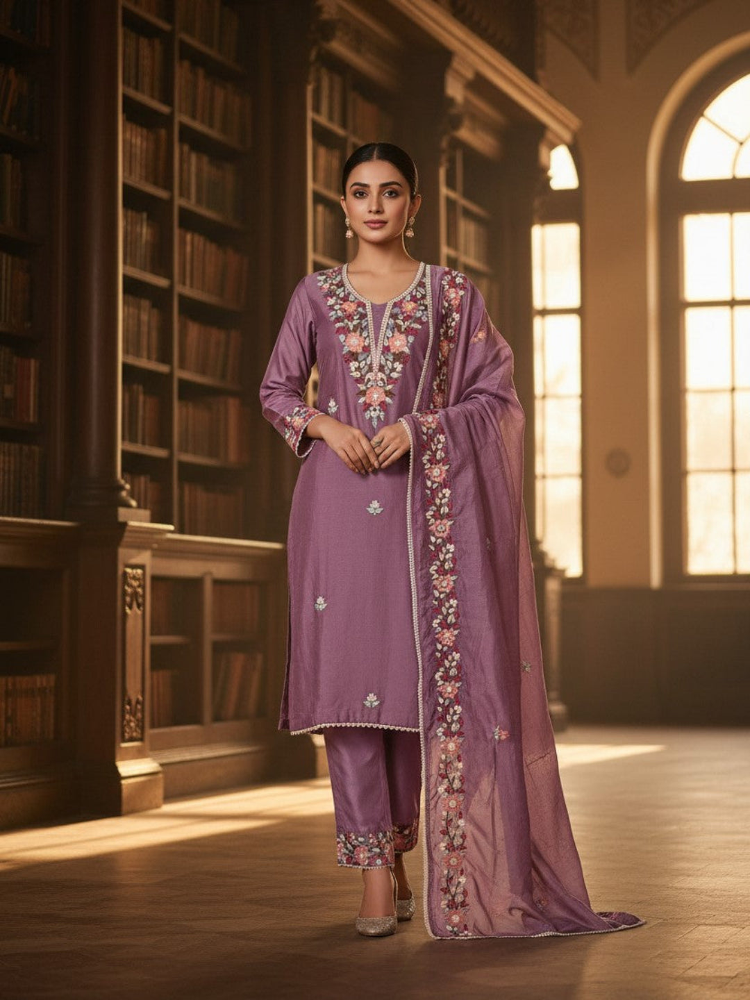 Silk Embroidered Purple Unstitched Dress Material With Dupatta