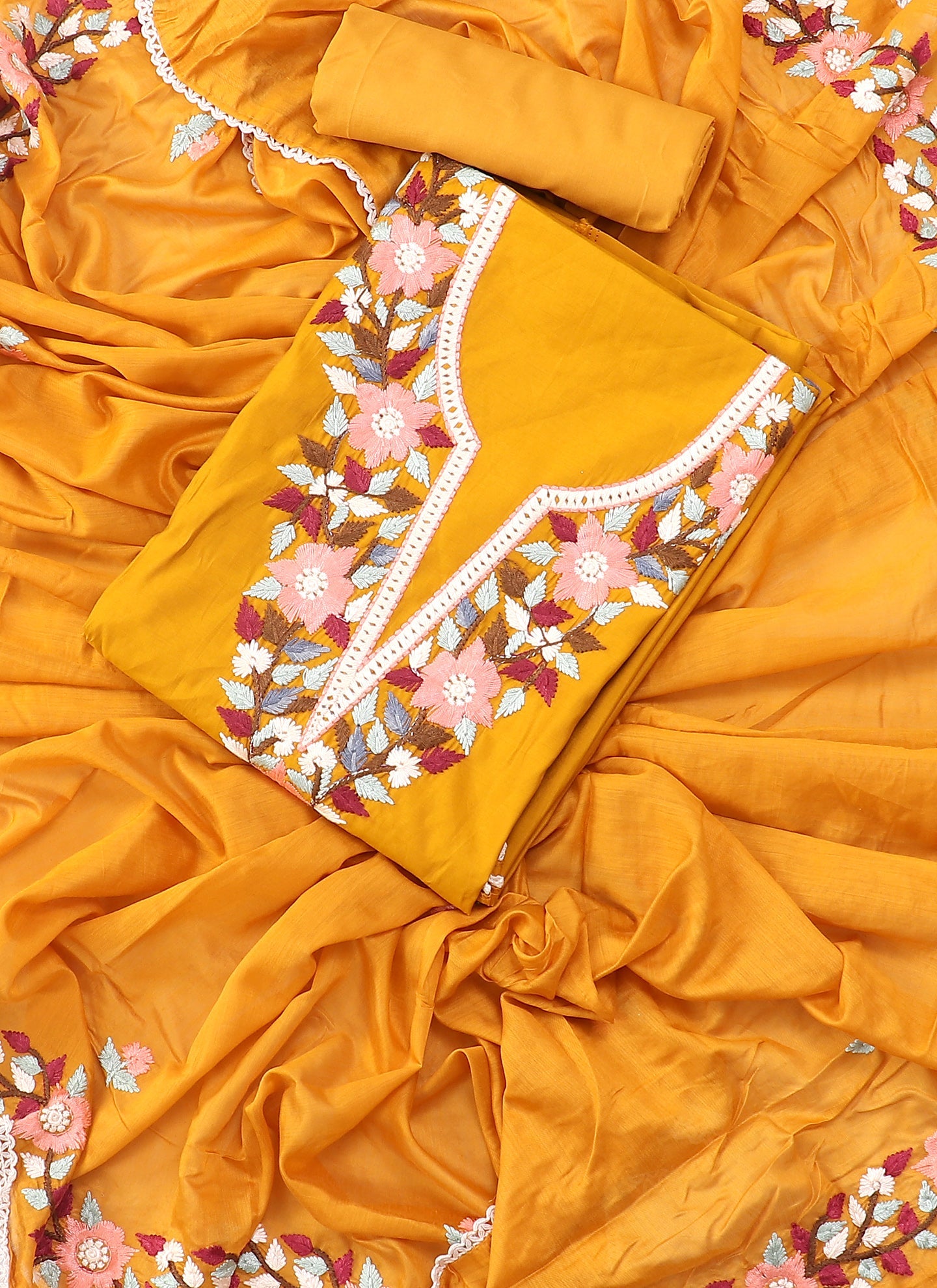 Mustard Yellow Embroidered Floral Silk Unstitched Dress Material