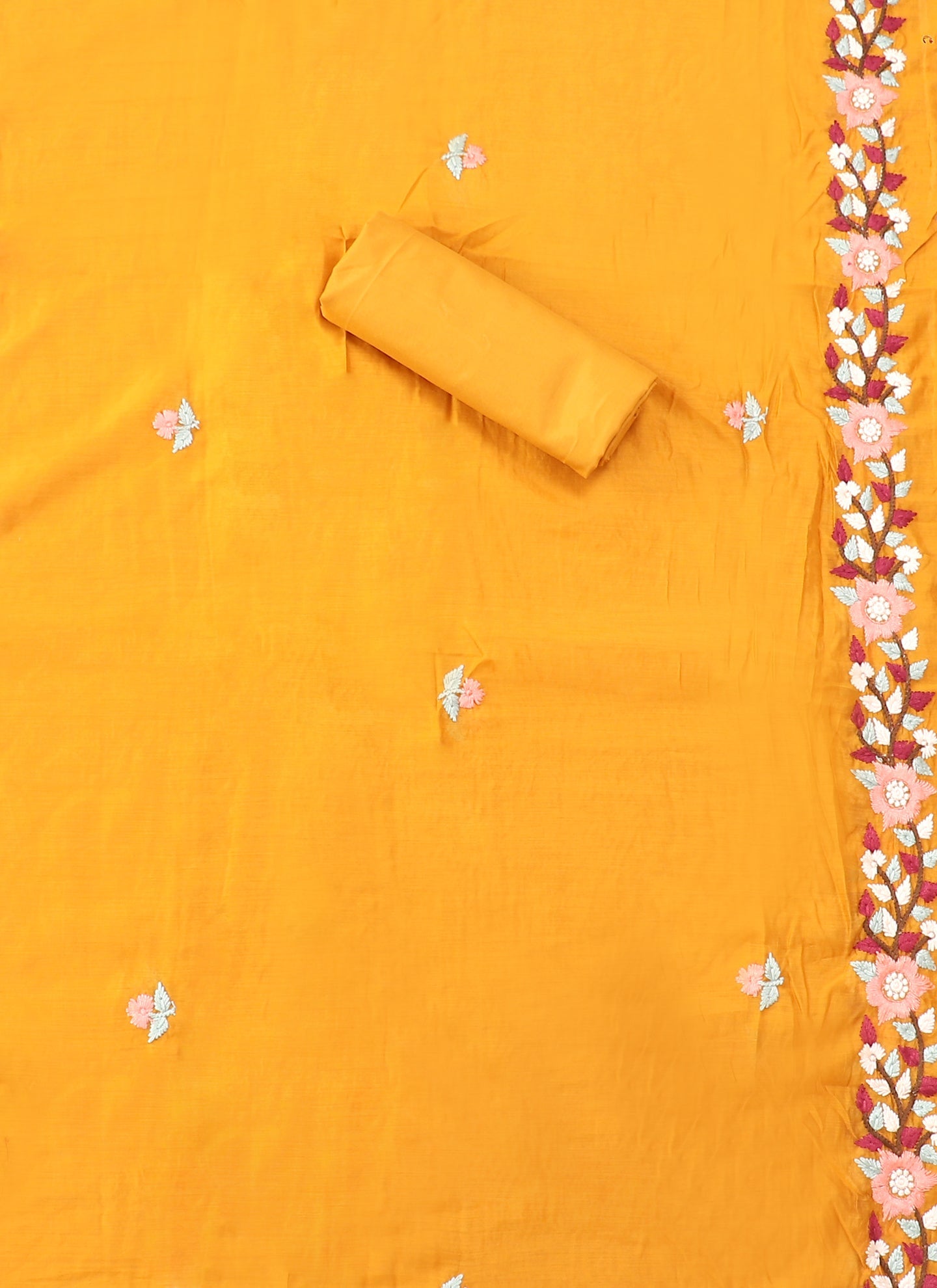 Mustard Yellow Embroidered Floral Silk Unstitched Dress Material