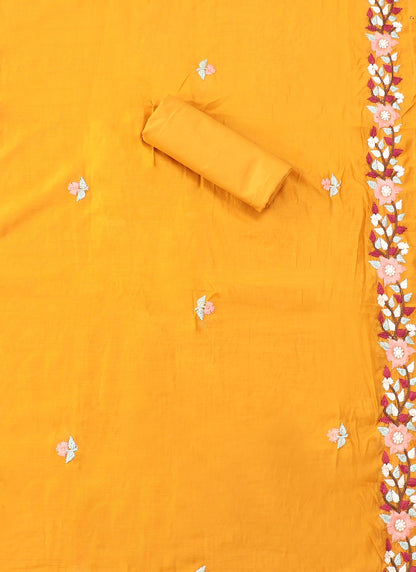 Mustard Yellow Embroidered Floral Silk Unstitched Dress Material