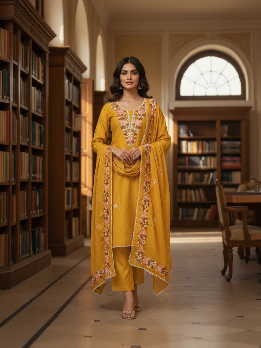 Silk Embroidered Yellow Unstitched Dress Material With Dupatta