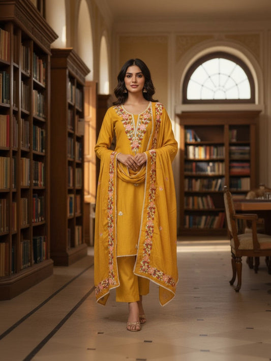 Silk Embroidered Yellow Unstitched Dress Material With Dupatta