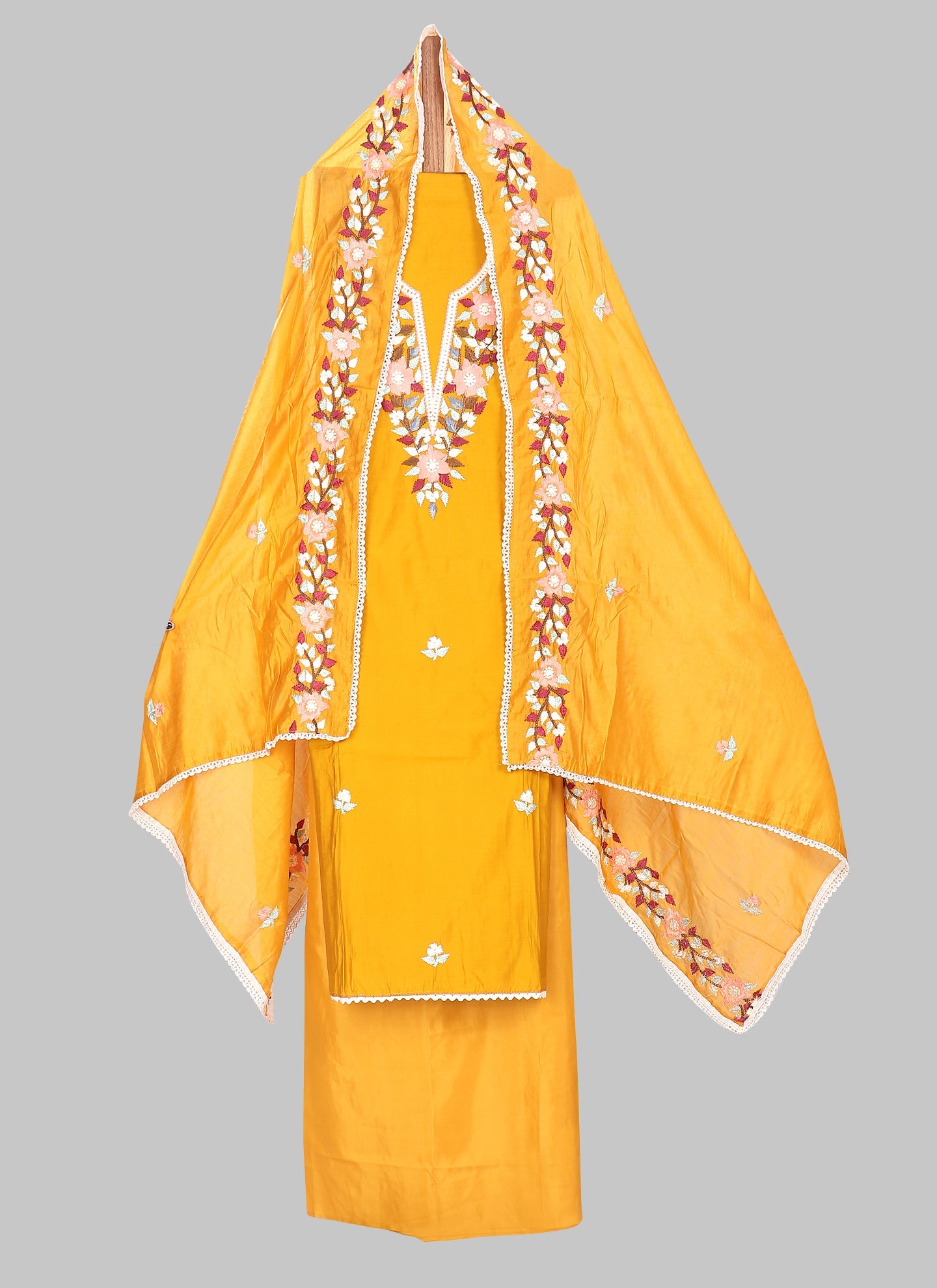 Mustard Yellow Embroidered Floral Silk Unstitched Dress Material