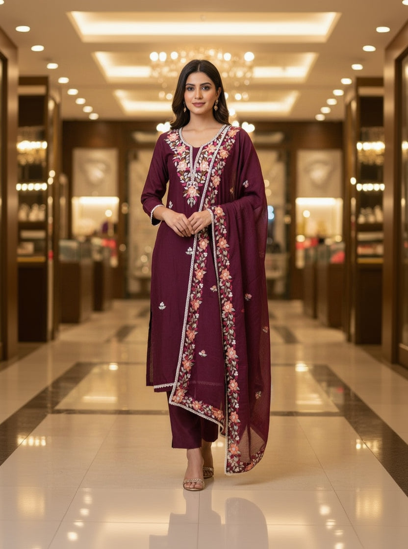 Silk Embroidered Purple Unstitched Salwar Dress Material With Dupatta
