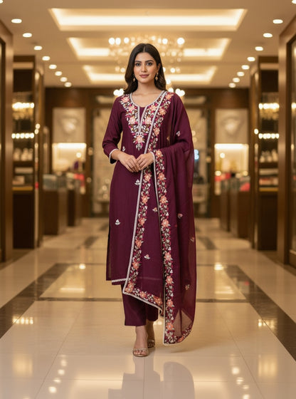 Silk Embroidered Purple Unstitched Salwar Dress Material With Dupatta
