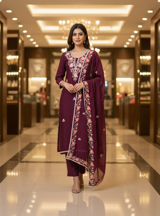 Silk Embroidered Purple Unstitched Salwar Dress Material With Dupatta