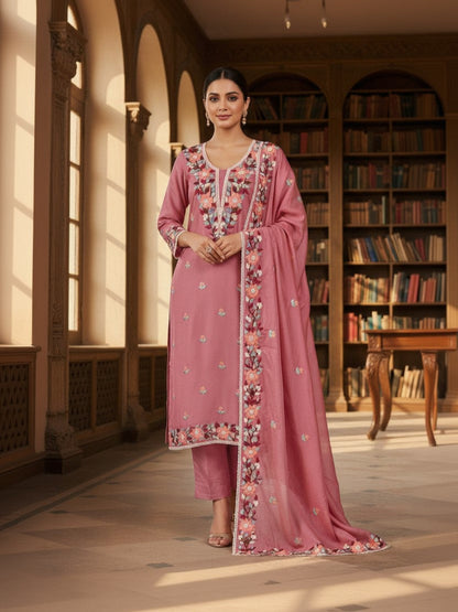 Silk Embroidered Pink Unstitched Dress Material With Dupatta