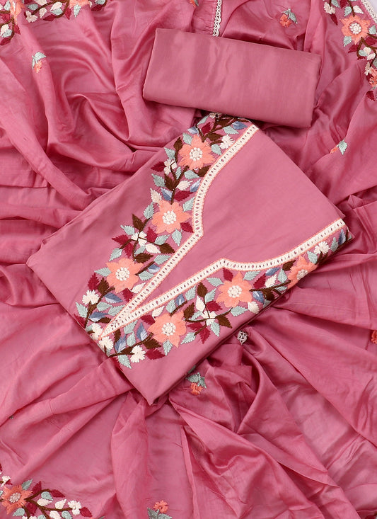 Silk Embroidered Pink Unstitched Dress Material With Dupatta