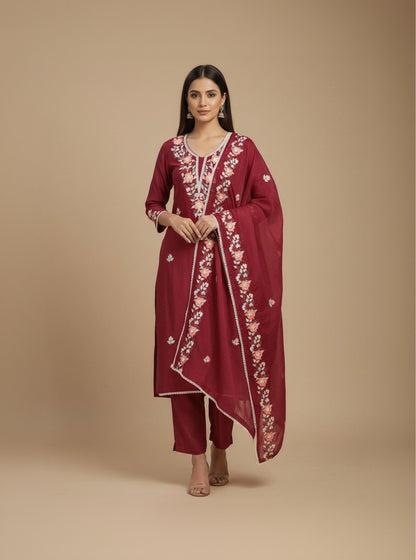 Silk Embroidered Maroon Unstitched Dress Material With Dupatta