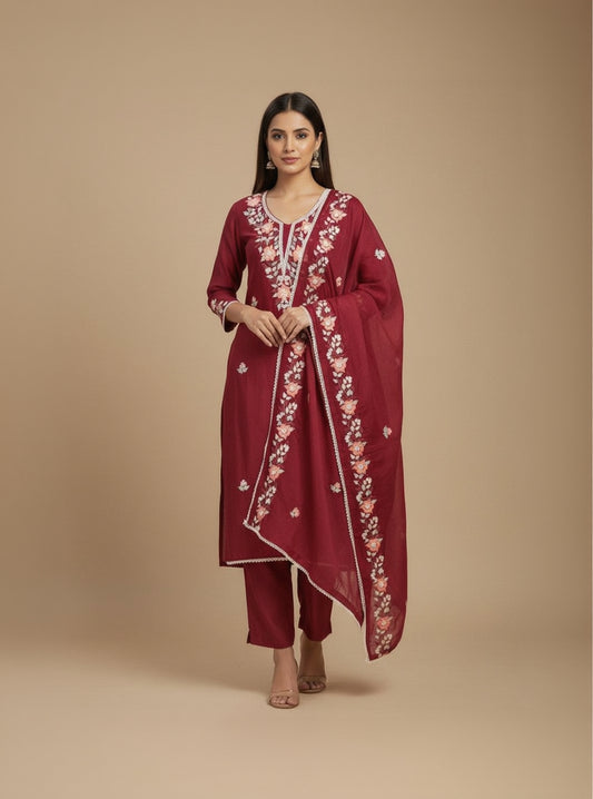 Silk Embroidered Maroon Unstitched Dress Material With Dupatta