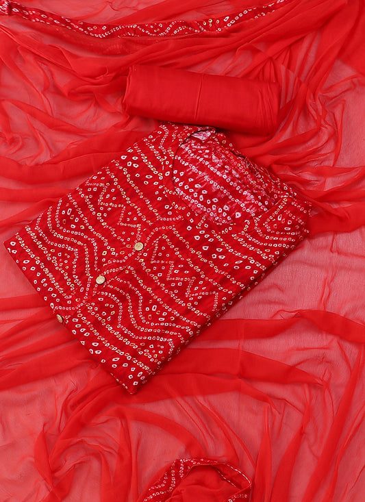 Rayon Printed Red Unstitched Dress Material With Dupatta