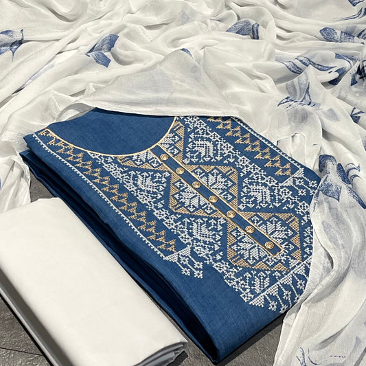 Cotton Denim Embroidered Blue & White Unstitched Dress Material With Dupatta