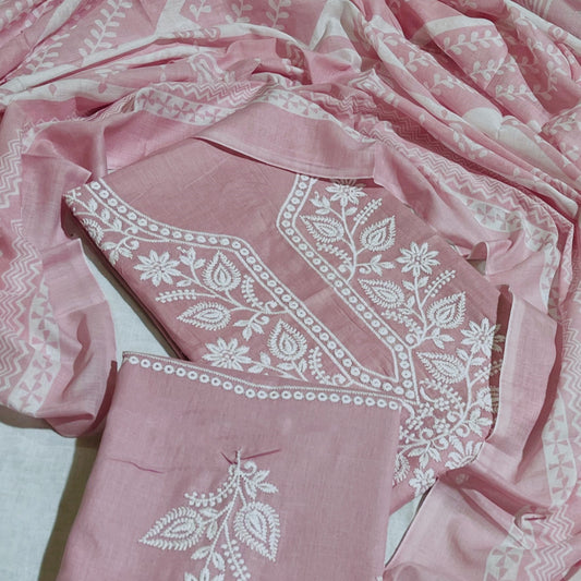 Cotton Embroidered Pink Unstitched Dress Material With Dupatta