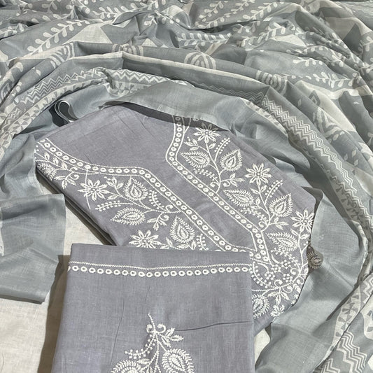 Cotton Embroidered Grey Unstitched Salwar Dress Material With Dupatta