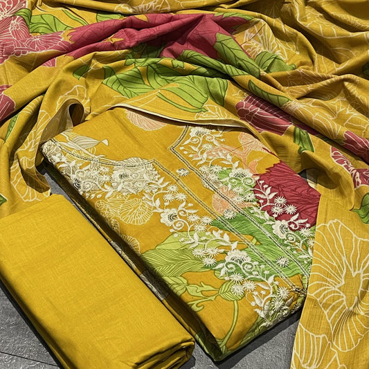 Cotton Embroidered Yellow Unstitched Dress Material With Dupatta