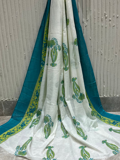 Cotton Embroidered Green Floral Unstitched Dress Material With Dupatta