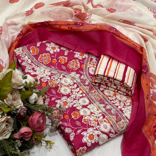 Cotton Embroidered Pink Floral Unstitched Dress Material With Dupatta