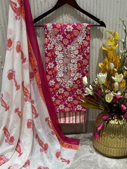 Cotton Embroidered Pink Floral Unstitched Dress Material With Dupatta