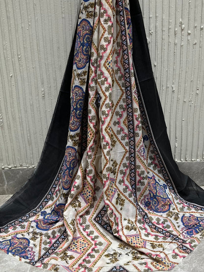 Cotton Printed Beige & Black Unstitched Dress Material With Dupatta