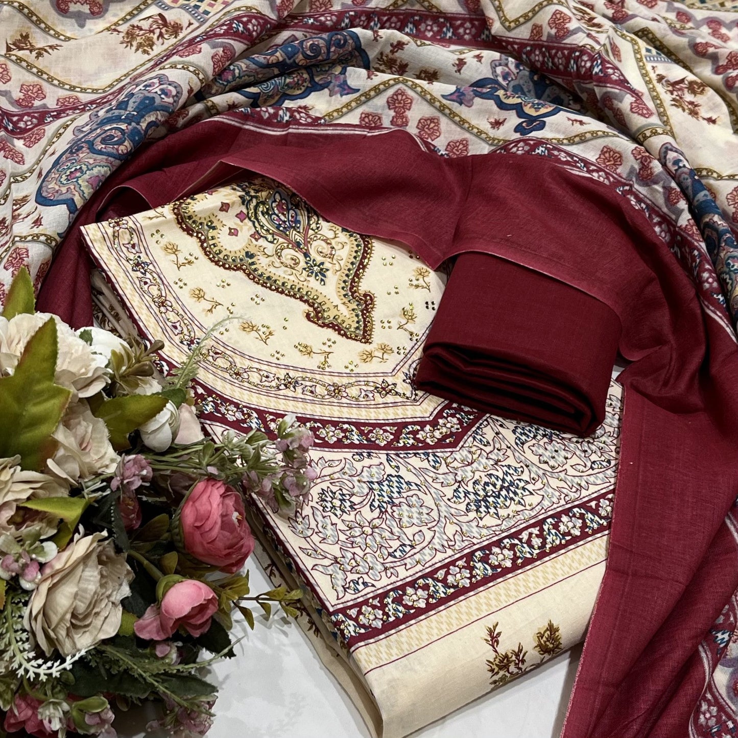 Cotton Printed Maroon & Beige Unstitched Dress Material With Dupatta