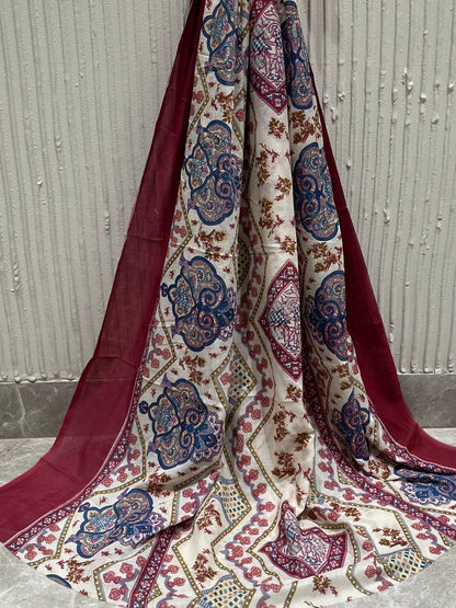 Cotton Printed Maroon & Beige Unstitched Dress Material With Dupatta