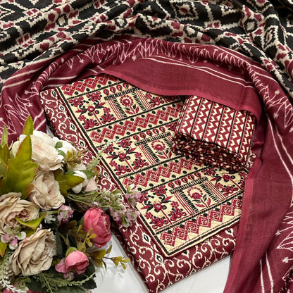 Cotton Embroidered Maroon & Black Unstitched Dress Material With Dupatta