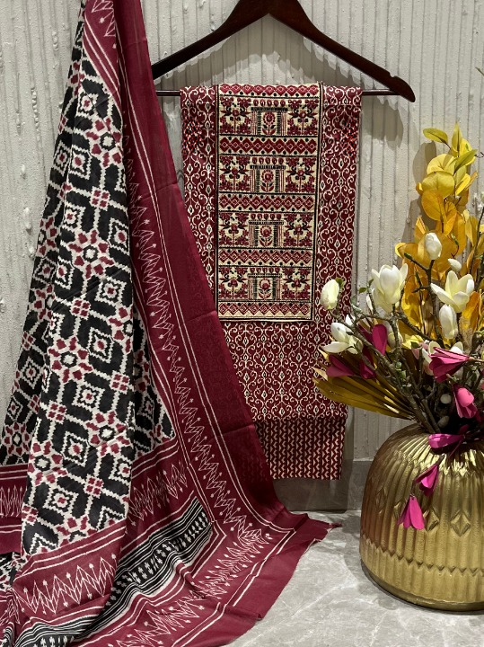 Cotton Embroidered Maroon & Black Unstitched Dress Material With Dupatta