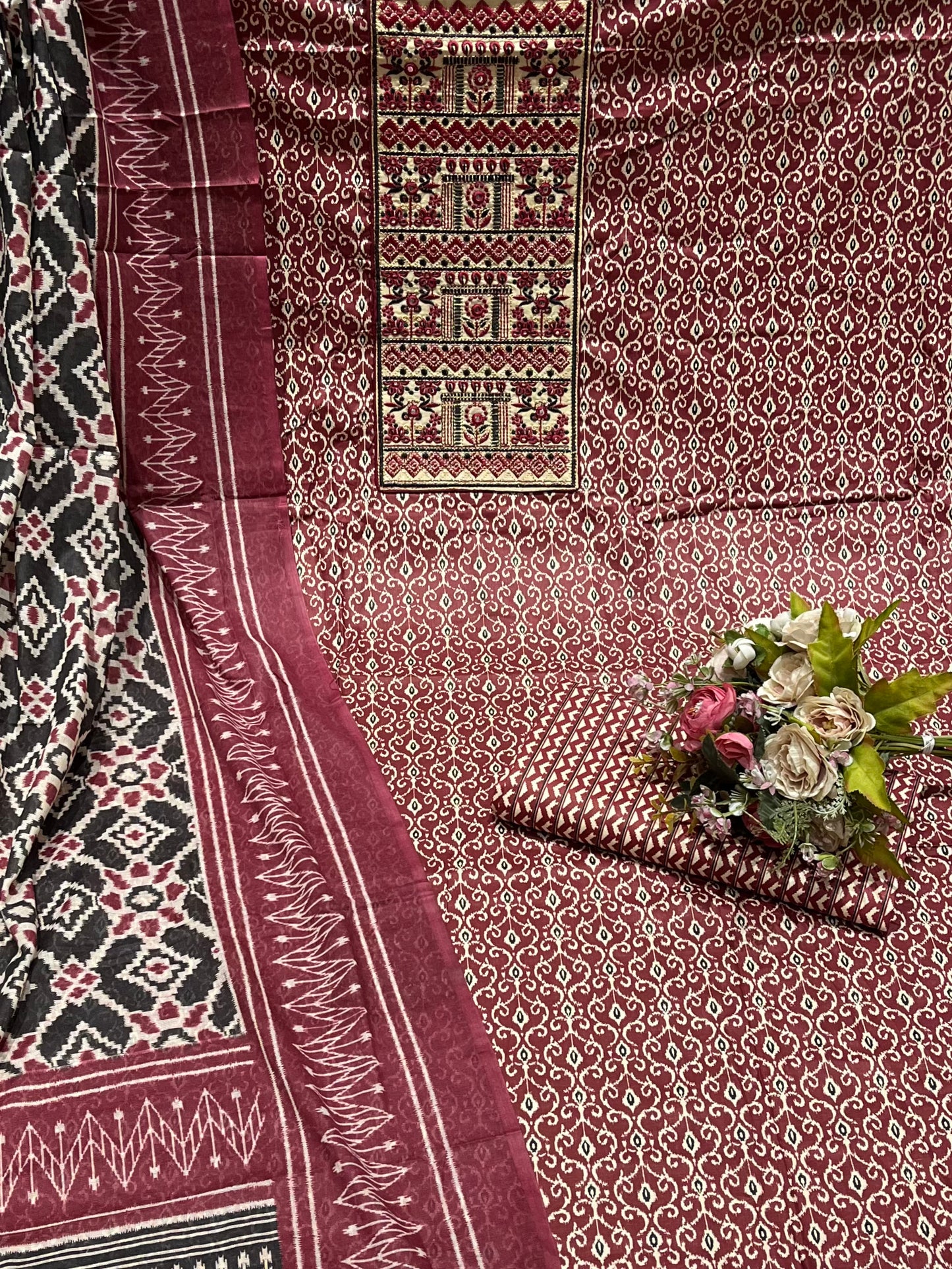 Cotton Embroidered Maroon & Black Unstitched Dress Material With Dupatta