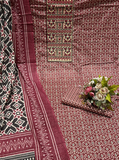 Cotton Embroidered Maroon & Black Unstitched Dress Material With Dupatta