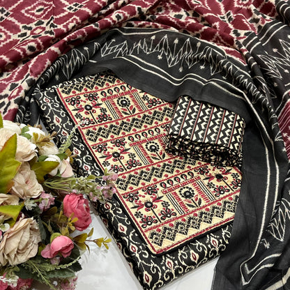 Cotton Embroidered Black & Maroon Unstitched Dress Material With Dupatta