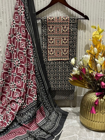 Cotton Embroidered Black & Maroon Unstitched Dress Material With Dupatta