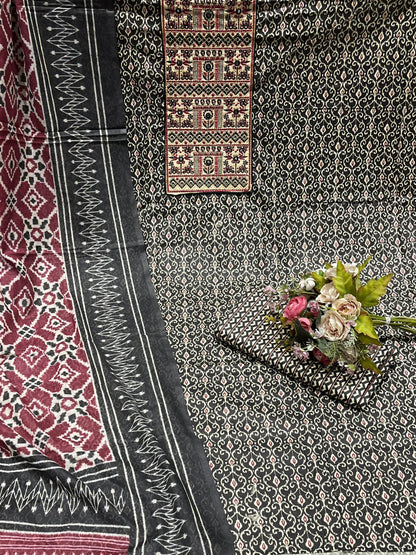 Cotton Embroidered Black & Maroon Unstitched Dress Material With Dupatta