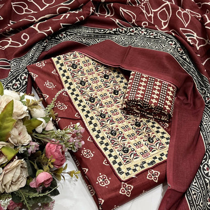 Cotton Embroidered Maroon Unstitched Dress Material With Dupatta