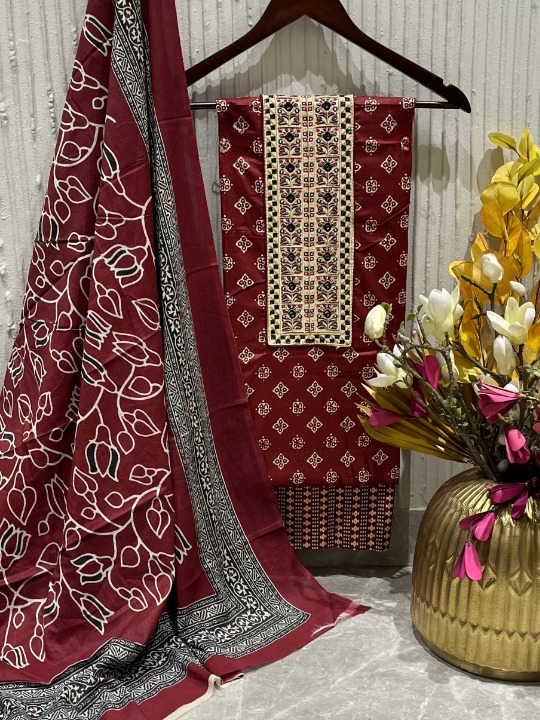 Cotton Embroidered Maroon Unstitched Dress Material With Dupatta