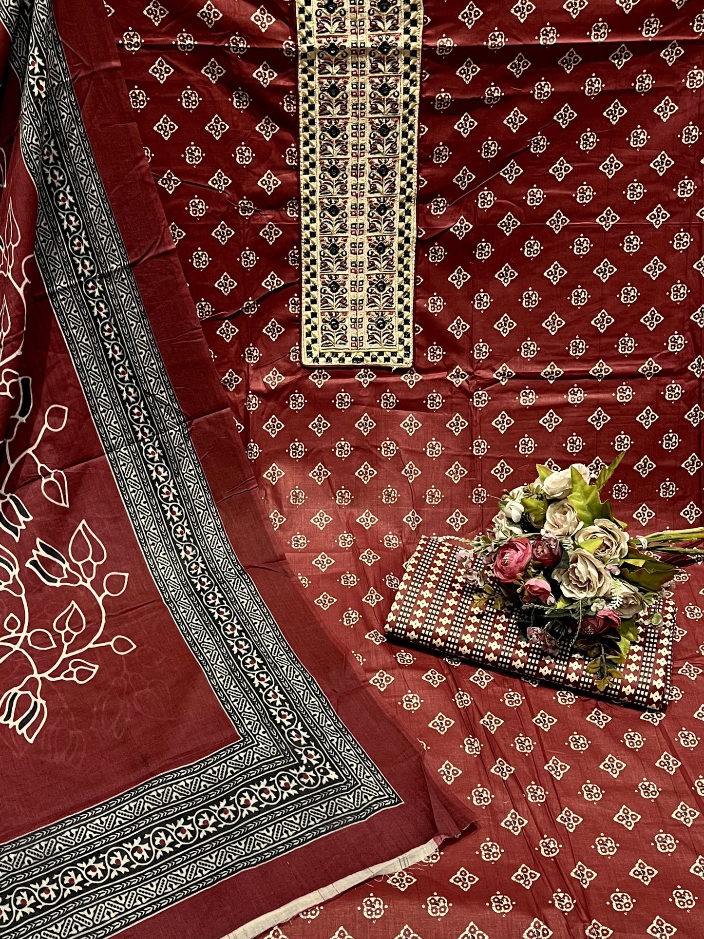 Cotton Embroidered Maroon Unstitched Dress Material With Dupatta