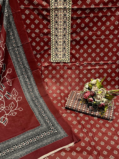 Cotton Embroidered Maroon Unstitched Dress Material With Dupatta