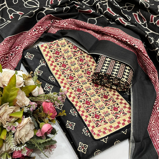 Cotton Embroidered Black Unstitched Dress Material With Dupatta